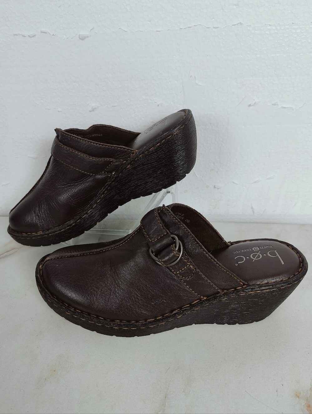 b.o.c. Born Concept Dark Brown Leather Slip-On Wedge Clogs, Sz 9